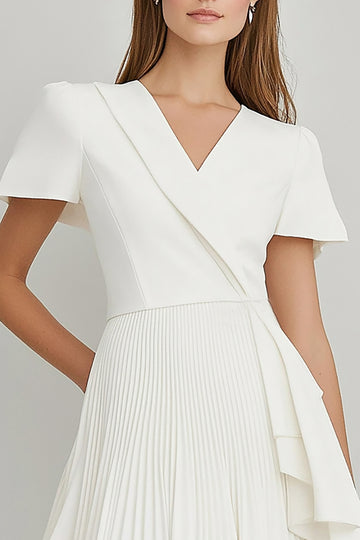 Pleated Ivory A Line Graduation Dress with Short Sleeves